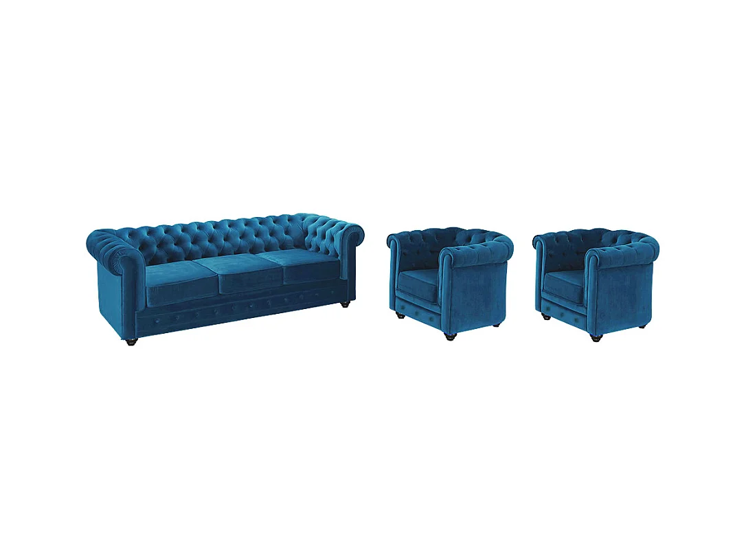 Canapé 3 places et 2 fauteuils CHESTERFIELD - Velours bleu canard