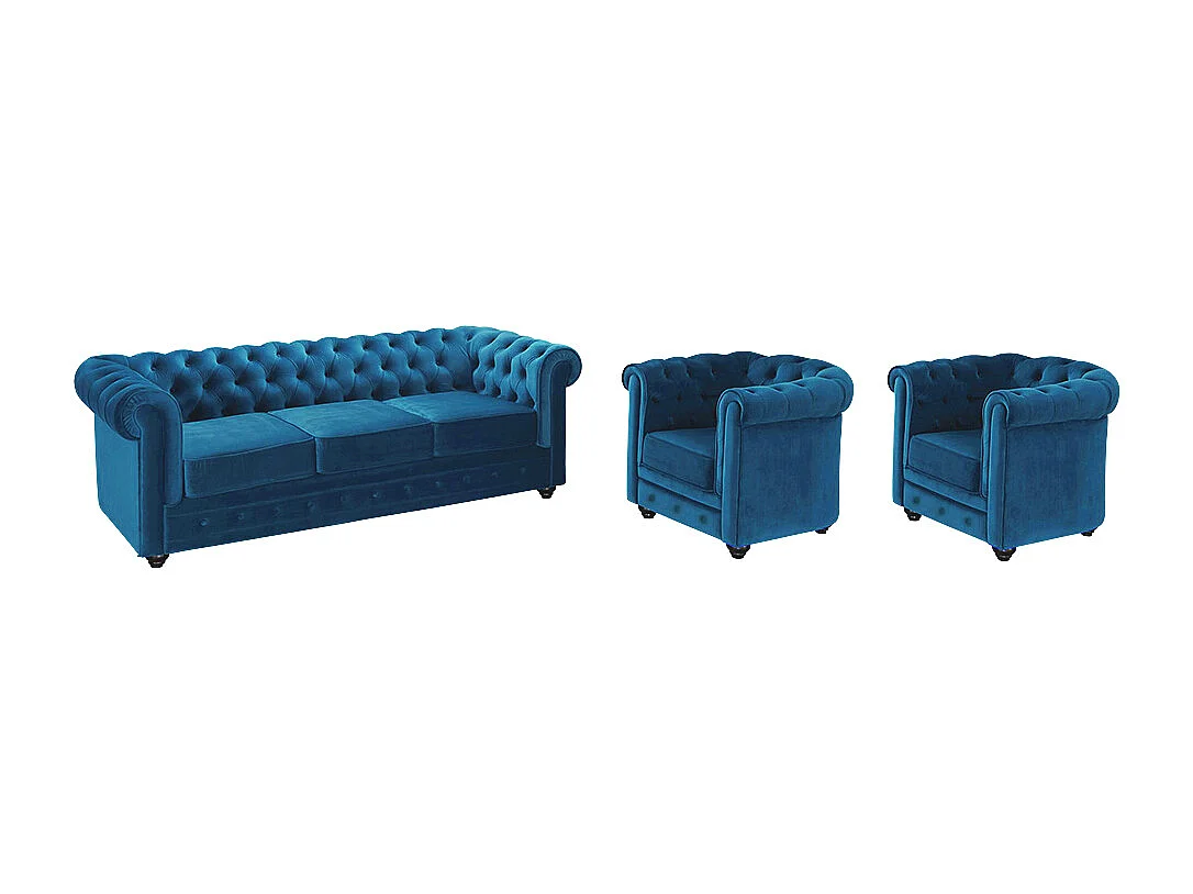 Canapé 3 places et 2 fauteuils CHESTERFIELD - Velours bleu canard