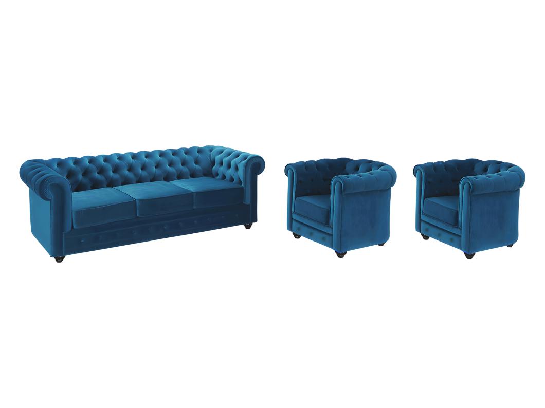 Divano 3 posti e 2 poltrone CHESTERFIELD in velluto Verde petrolio