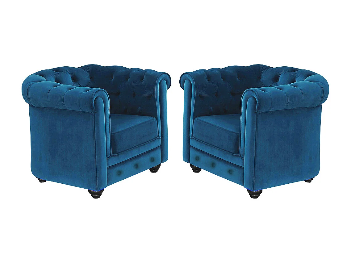 Lot de 2 Fauteuils CHESTERFIELD - Velours bleu canard