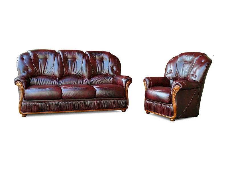 Ledersofa 3-Sitzer und Sessel - Büffelleder - Bordeauxrot - DAPHNE
