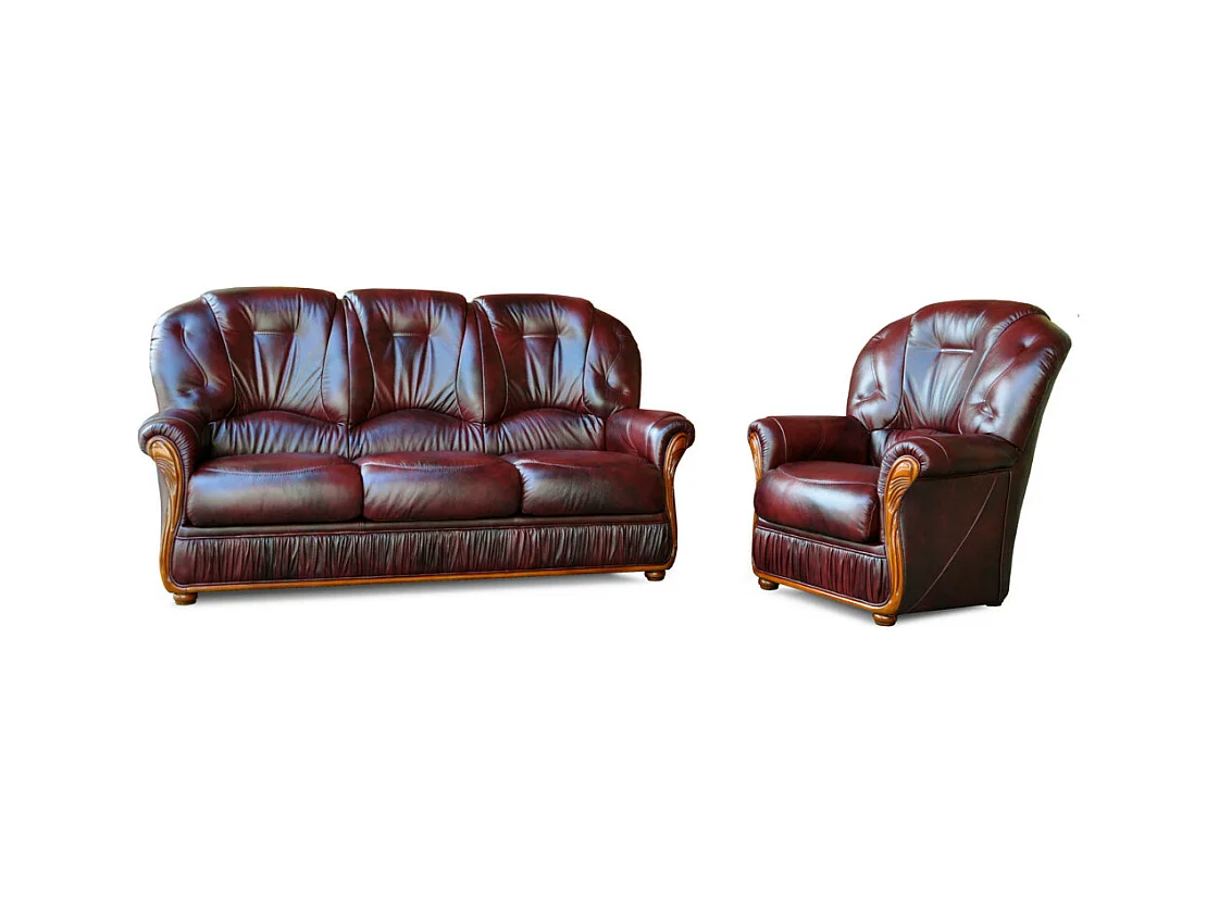 Canapé 3 places et un fauteuil 100% cuir de buffle bordeaux DAPHNE
