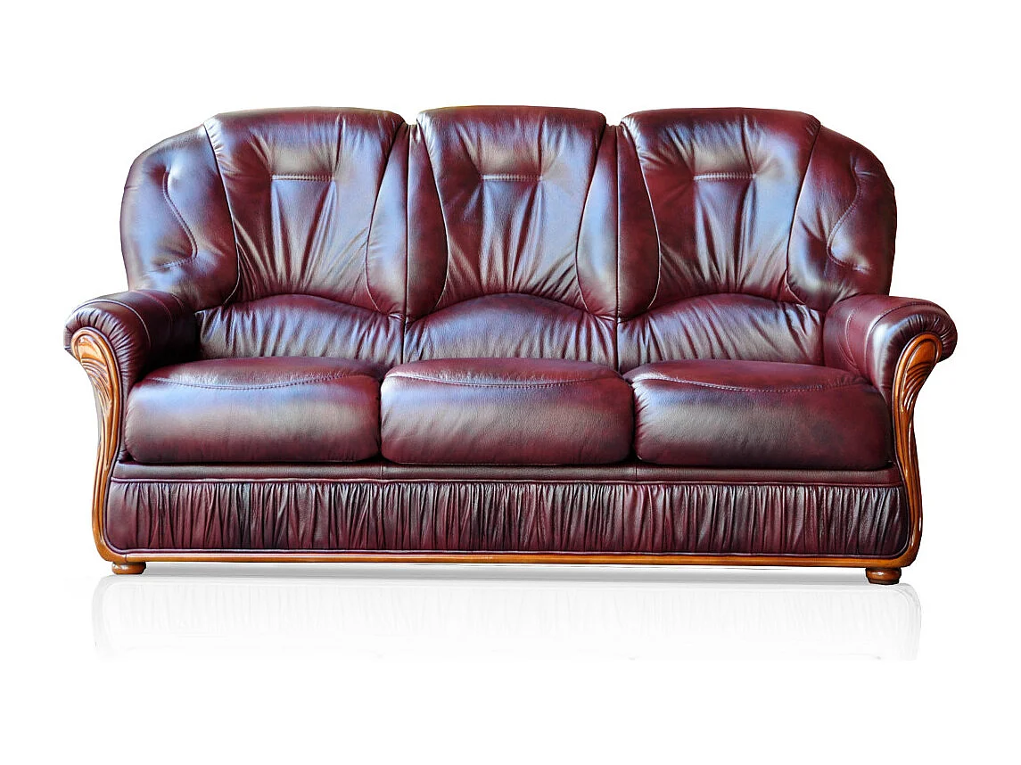 Driezitsbank en fauteuil DAPHNE van 100% buffelleer - Bordeaux-rood