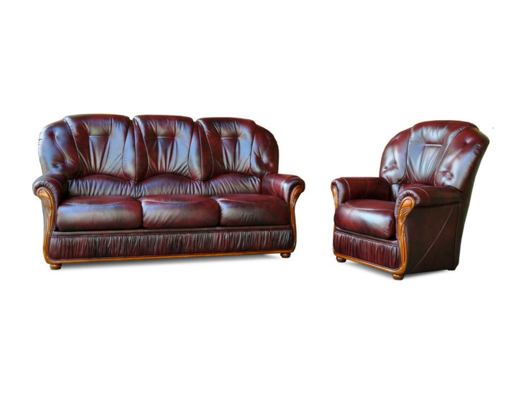 Ledersofa 3-Sitzer und Sessel - Büffelleder - Bordeauxrot - DAPHNE