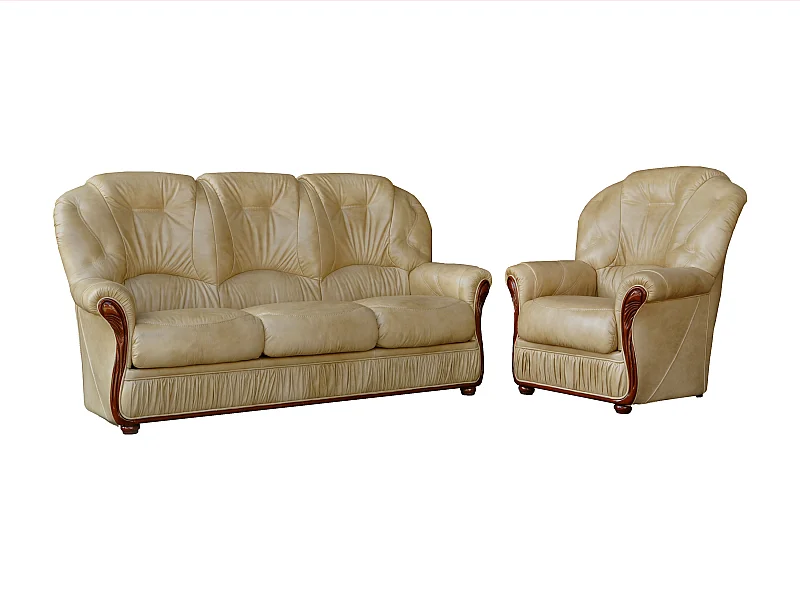 Canapé 3 places et un fauteuil 100% cuir de buffle beige DAPHNE