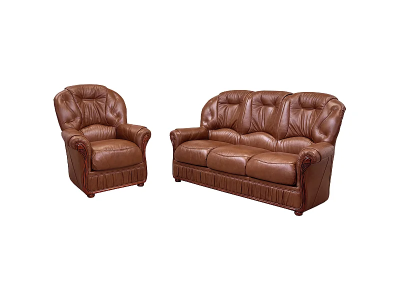 Canapé 3 places et un fauteuil 100% cuir de buffle marron DAPHNE