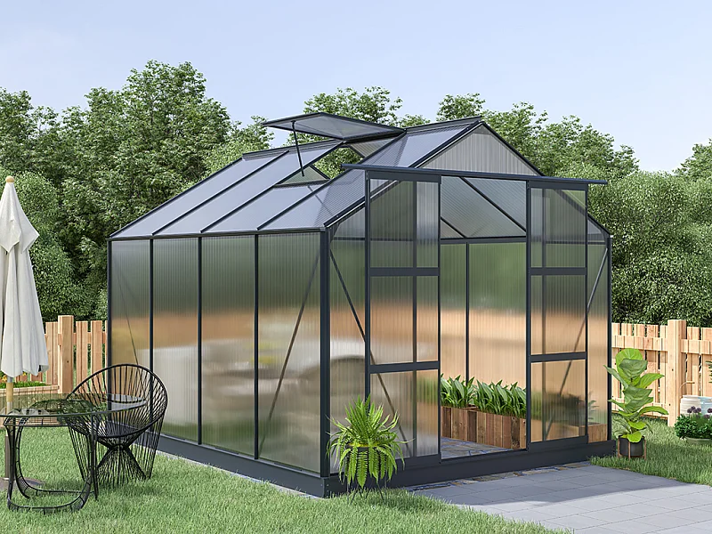 Serre de Jardin en polycarbonate de 7,5 m² avec embase - Anthracite - GREENEA II