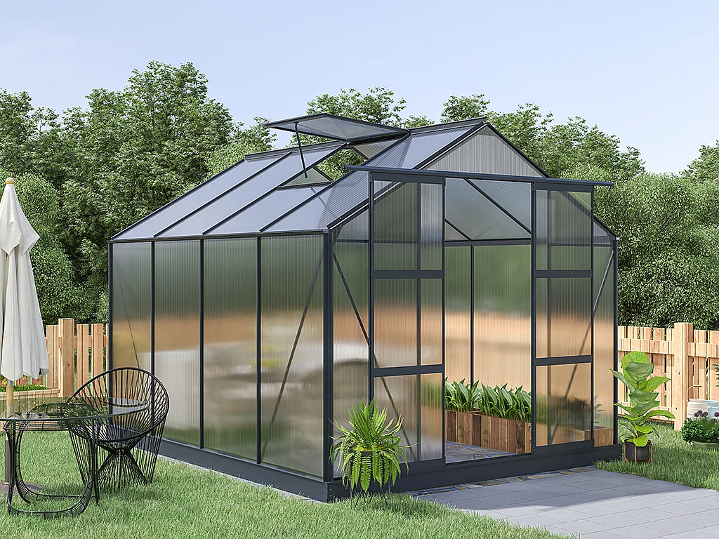 Serre de Jardin en polycarbonate de 7,5 m² avec embase - Anthracite - GREENEA II