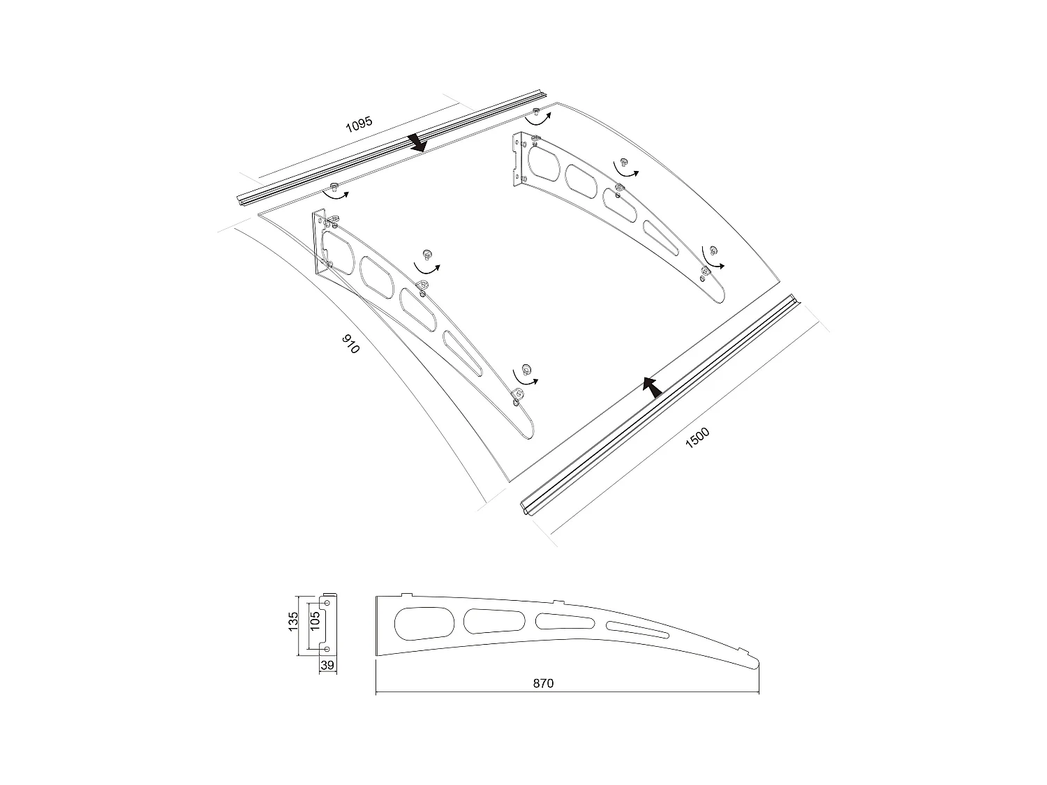 Rechte afdak NEONA van aluminium - 150 x 90 x 15 cm