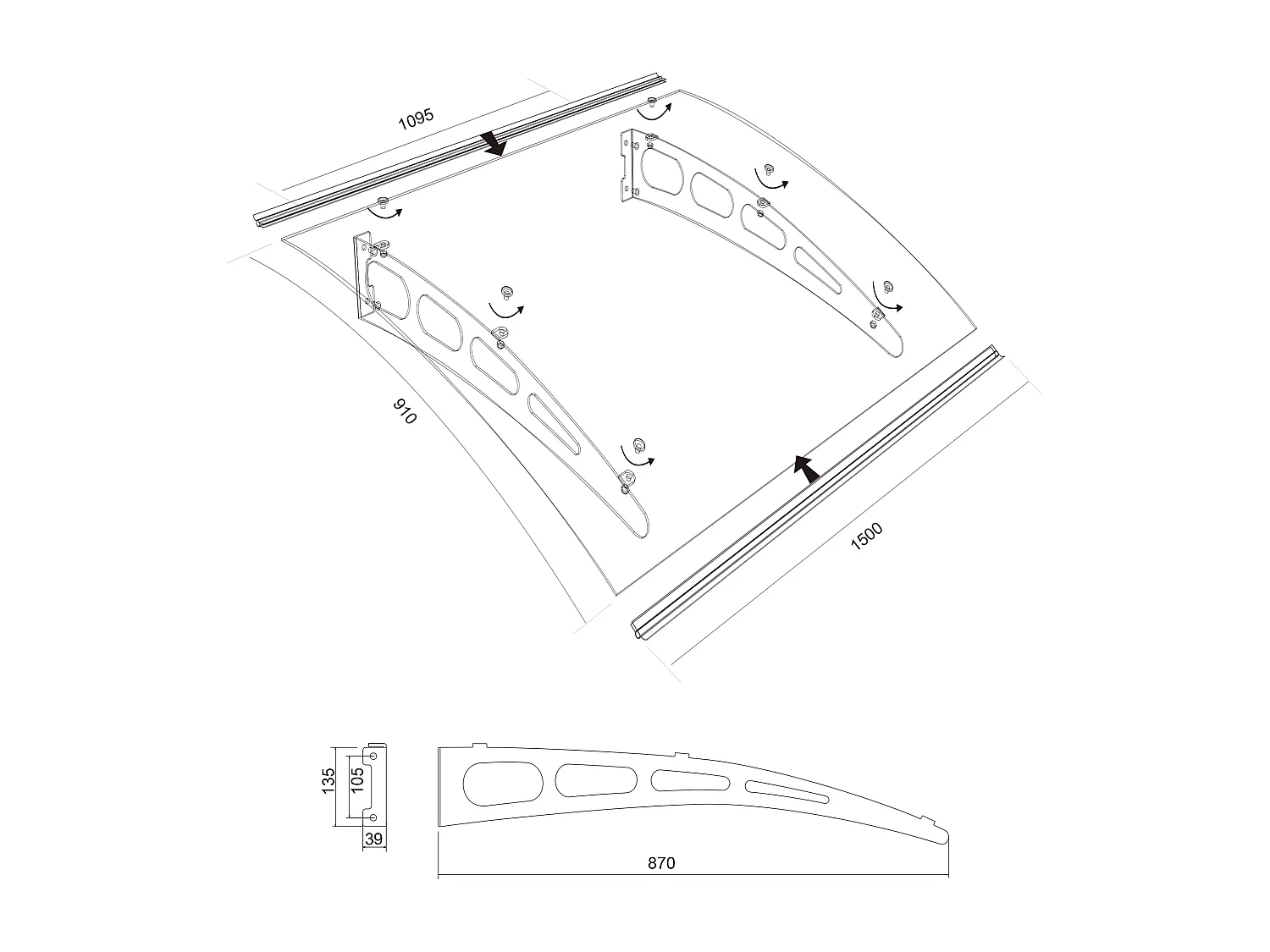 Auvent de porte en aluminium 150 x 90 cm courbé NEONA