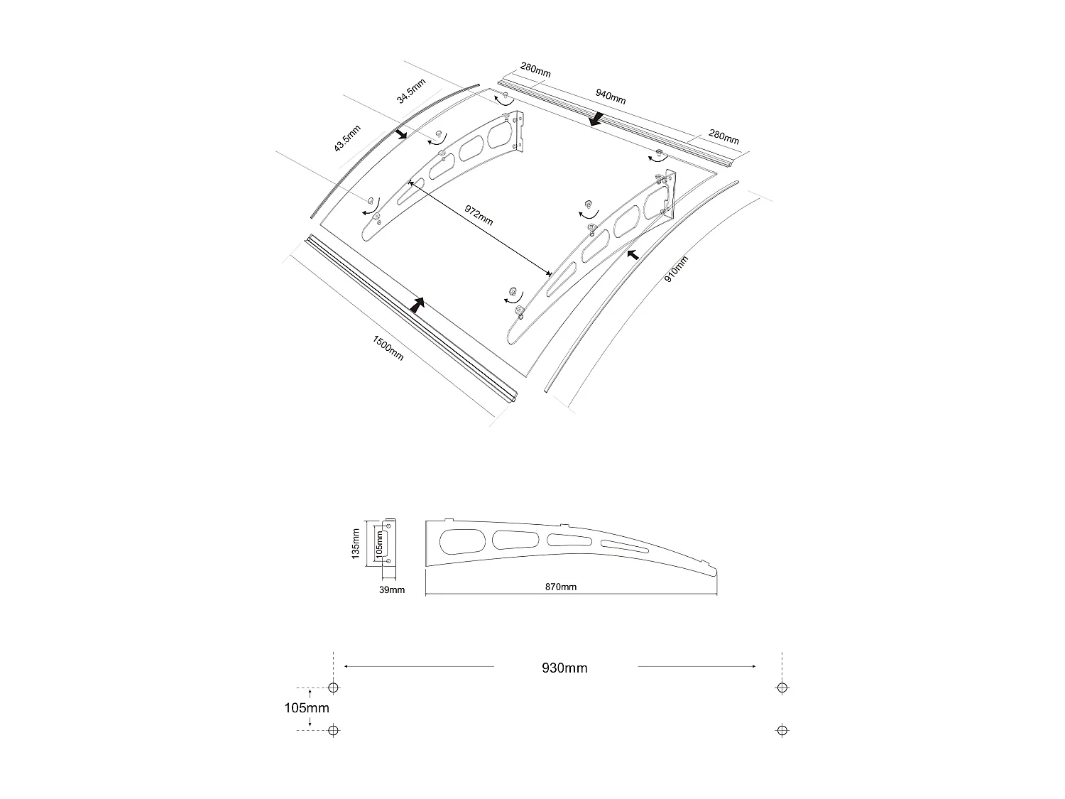 Auvent de porte en aluminium 150 x 90 cm courbé - gris - NEONA