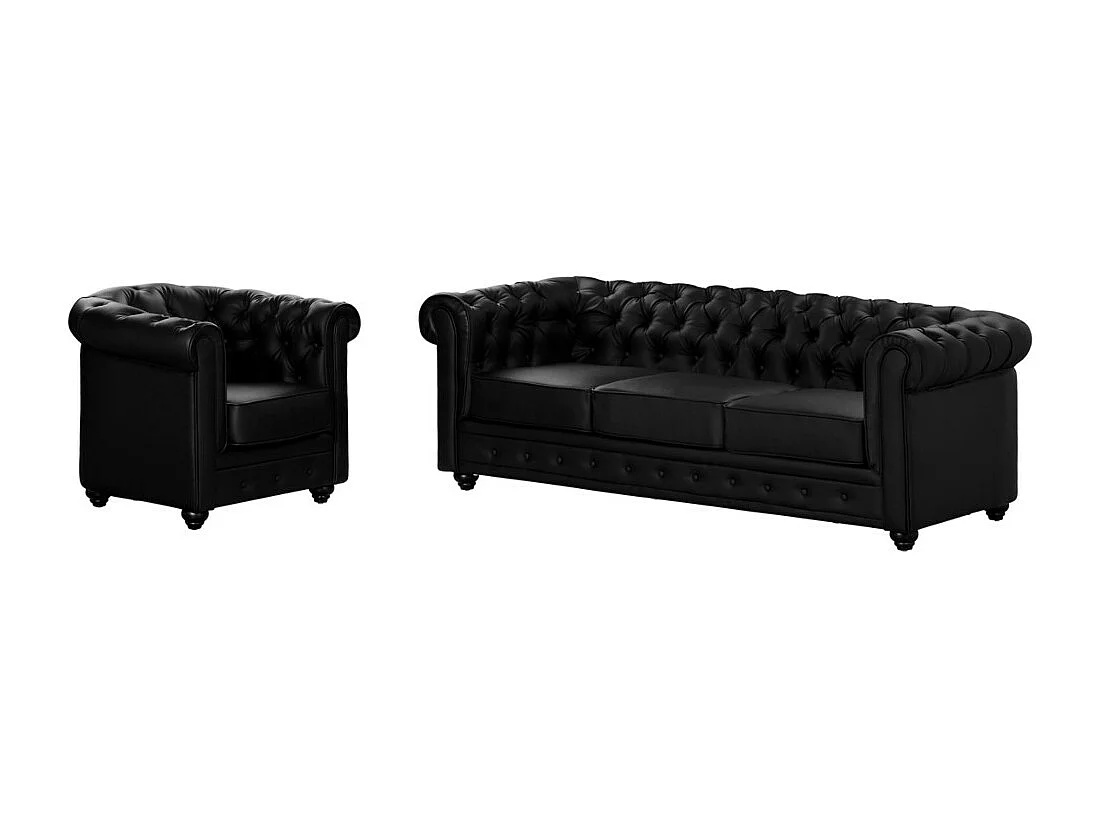 Sofa 3-Sitzer und Sessel - Kunstleder - Schwarz - CHESTERFIELD