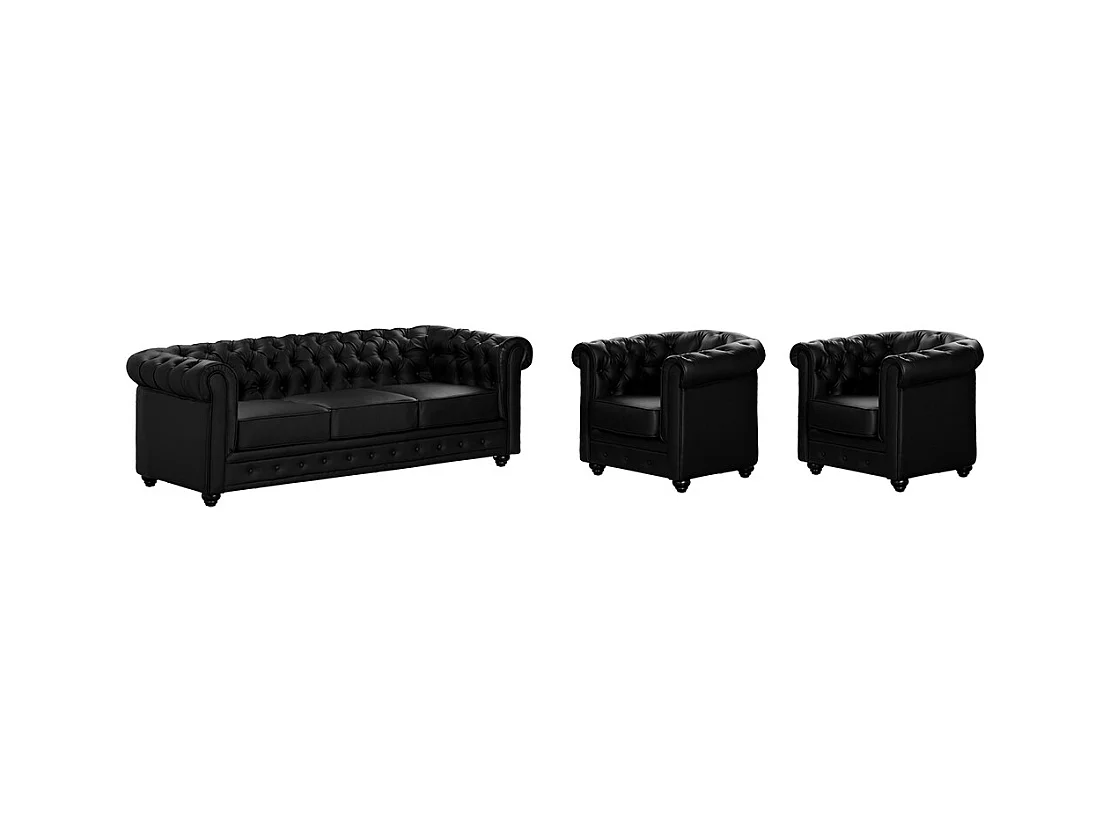 Sofa 3-Sitzer und 2 Sessel - Kunstleder - Schwarz - CHESTERFIELD