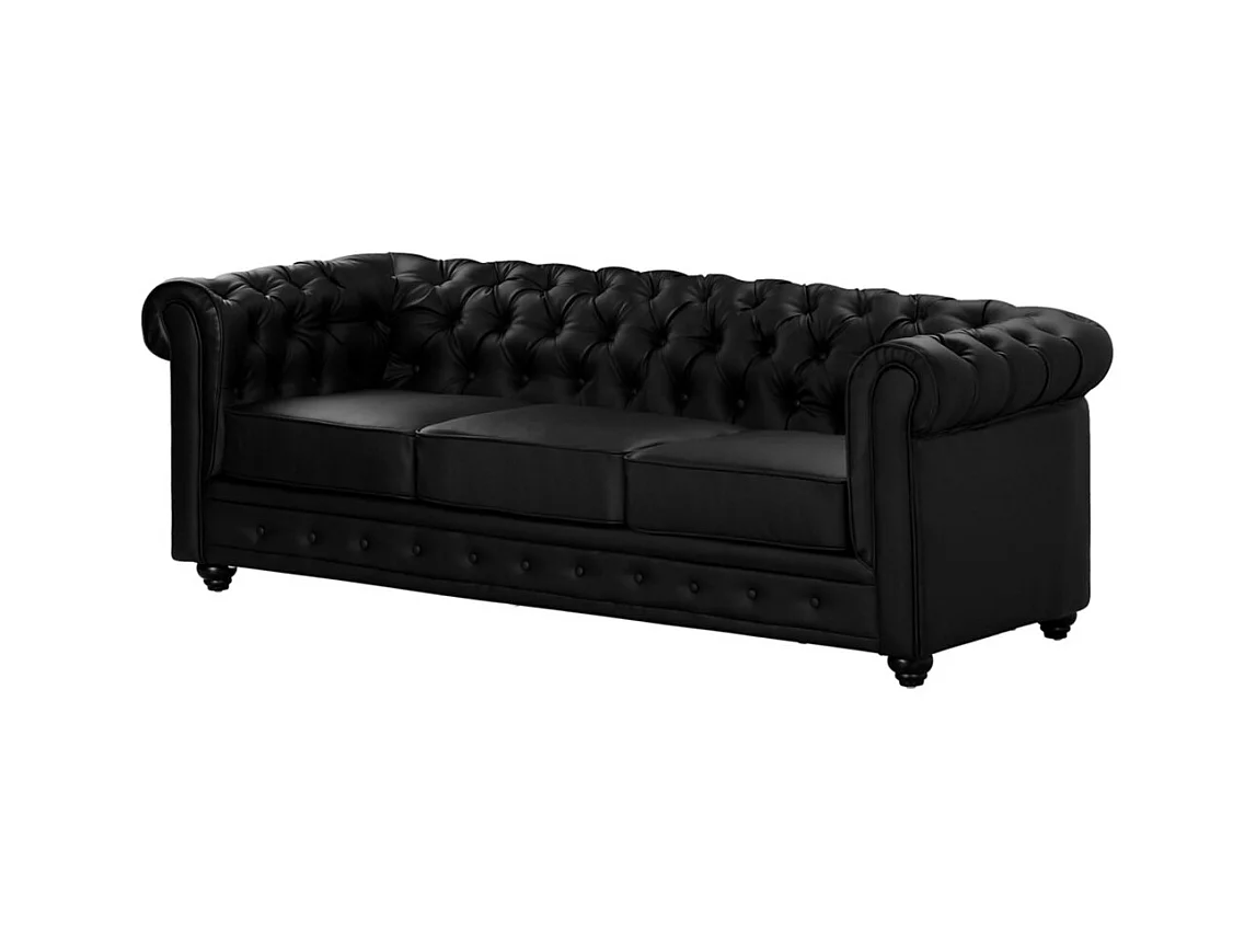 Driezitsbank en 2 fauteuils CHESTERFIELD van kunstleer - Zwart