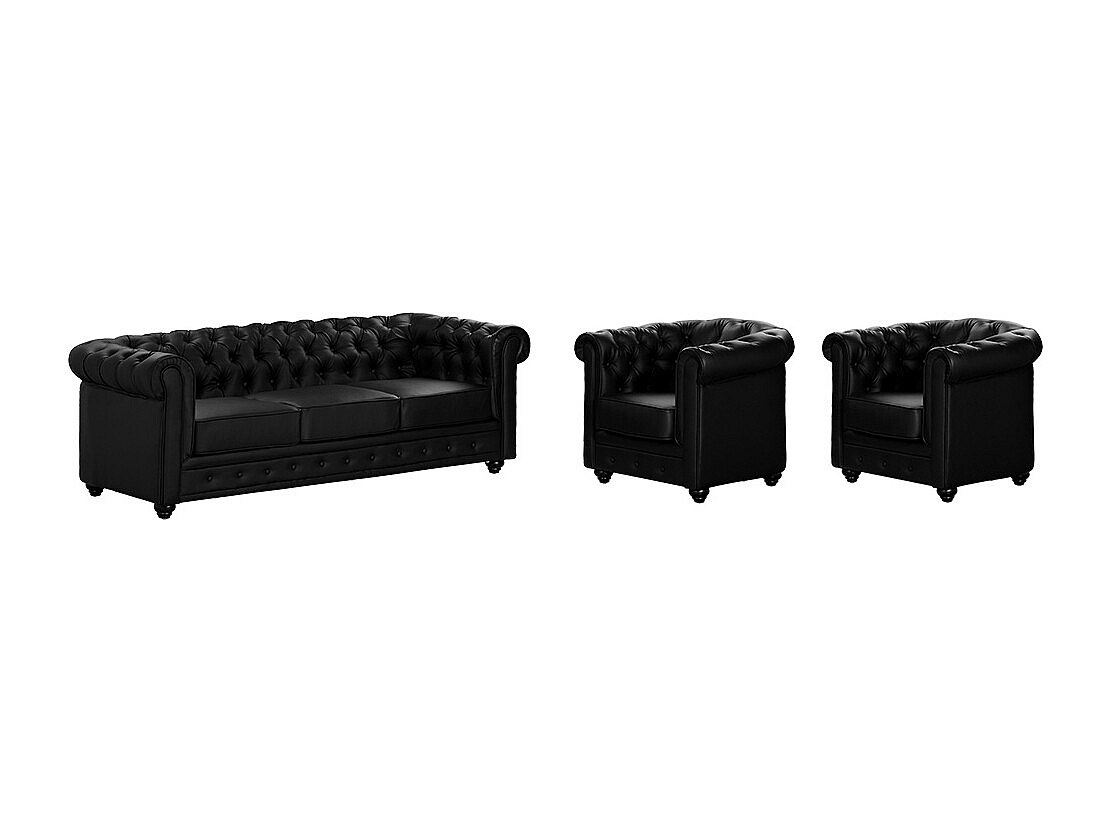 Sofa 3-Sitzer und 2 Sessel - Kunstleder - Schwarz - CHESTERFIELD günstig online kaufen
