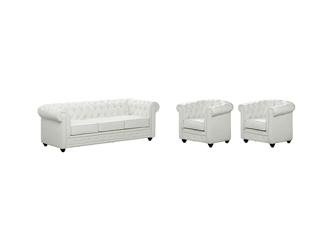 Sofa 3-Sitzer und 2 Sessel - Kunstleder - Weiß - CHESTERFIELD