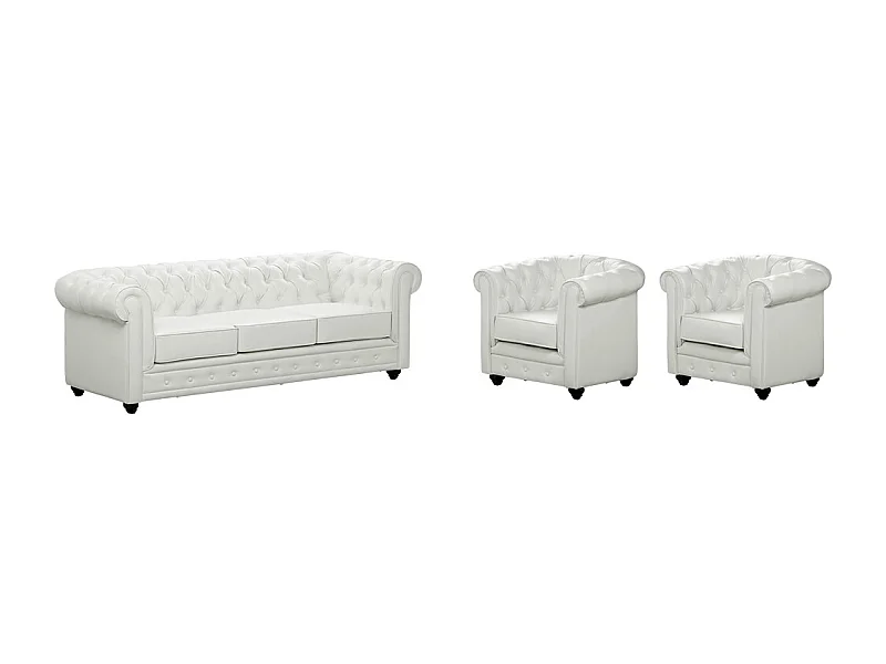 Canapé 3 places et 2 fauteuils CHESTERFIELD - Simili Blanc