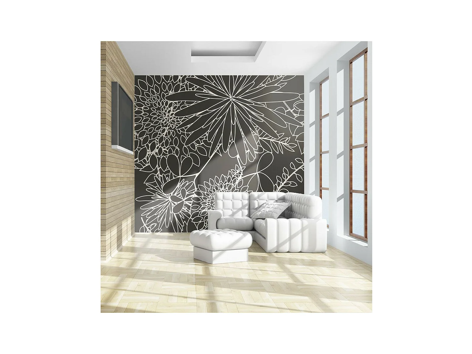 Papier Peint "Motif Floral Noir & Blanc" 193 x 250 cm