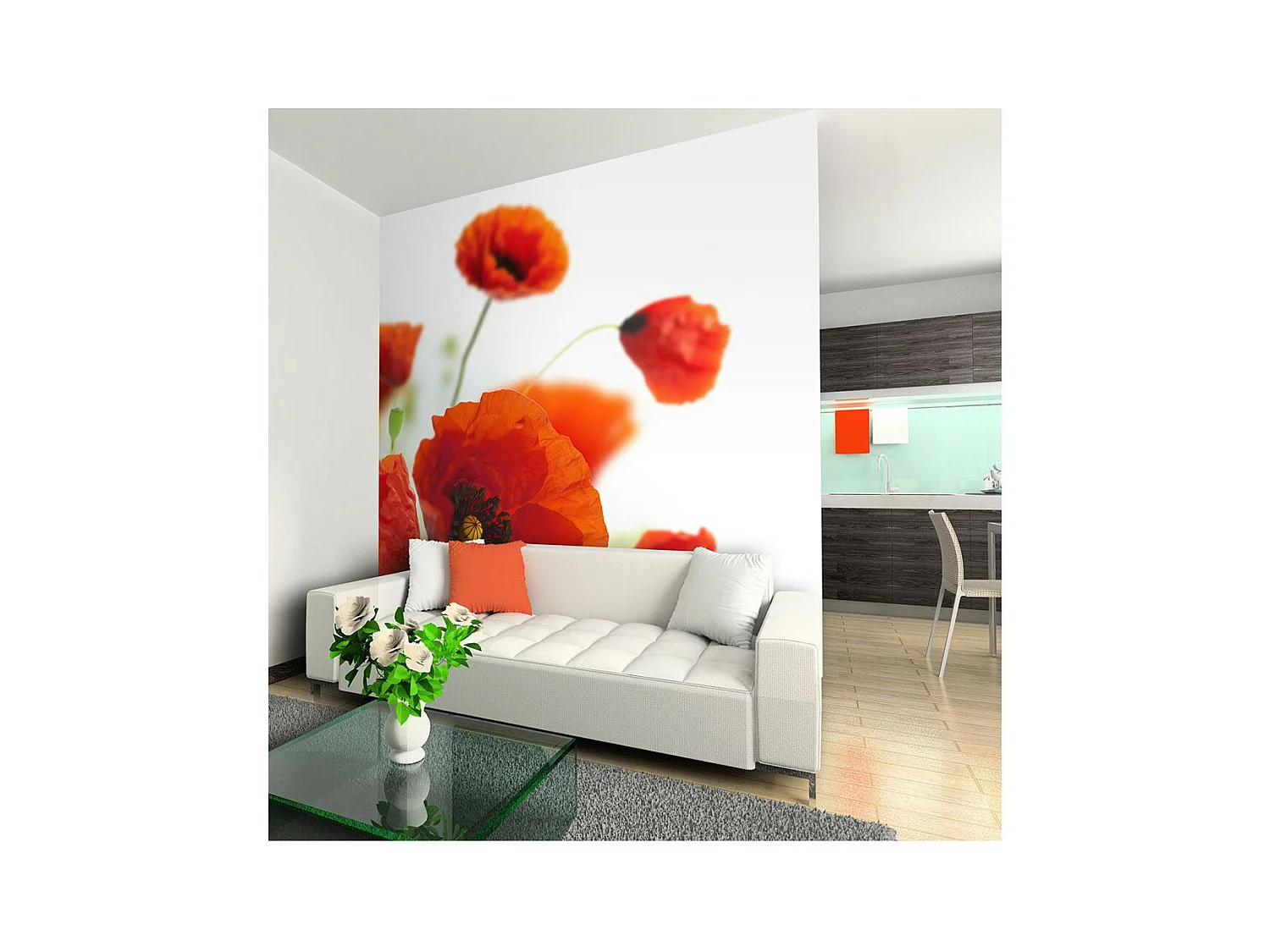 Papier Peint "Poppies on the Wihite Background" 231 x 300 cm