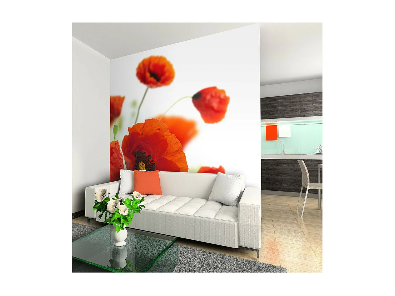 Papier Peint "Poppies on the Wihite Background" 231 x 300 cm