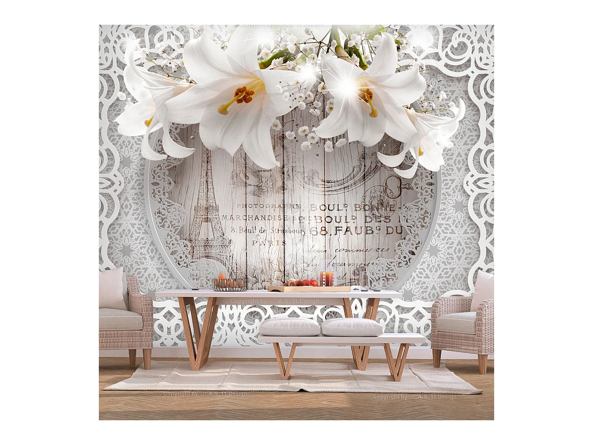 Papier Peint "Lilies & Wooden Background" 70 x 100 cm