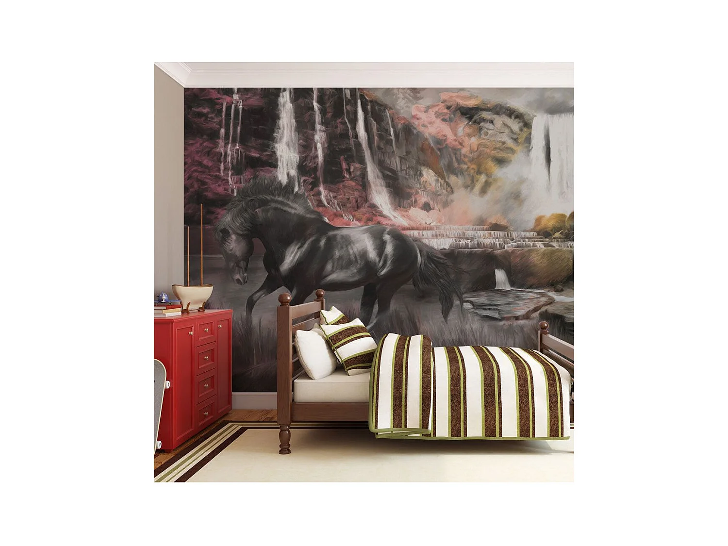 Papier Peint "Cheval Noir & Cascade" 193 x 250 cm