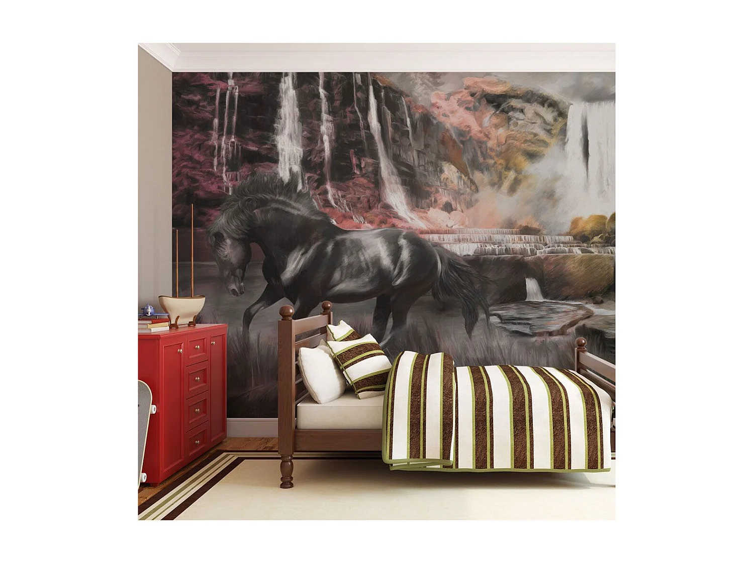Papier Peint "Cheval Noir & Cascade" 193 x 250 cm
