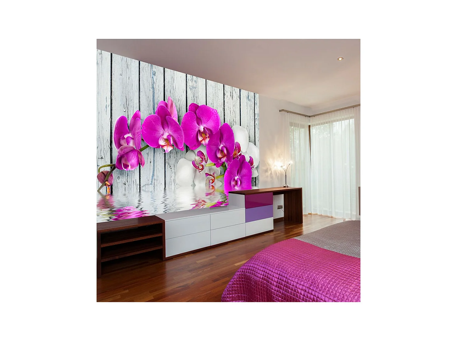 Papier Peint "Violet Orchids with Water Reflexion" 270 x 350 cm
