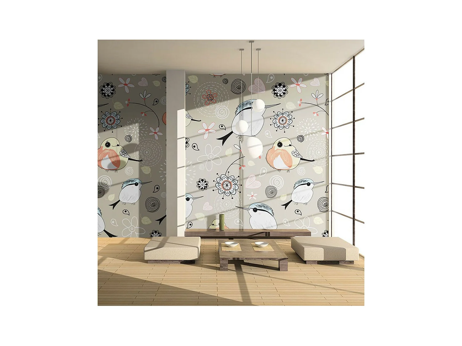 Papier Peint "Oiseaux sur Fond Rose" 270 x 350 cm