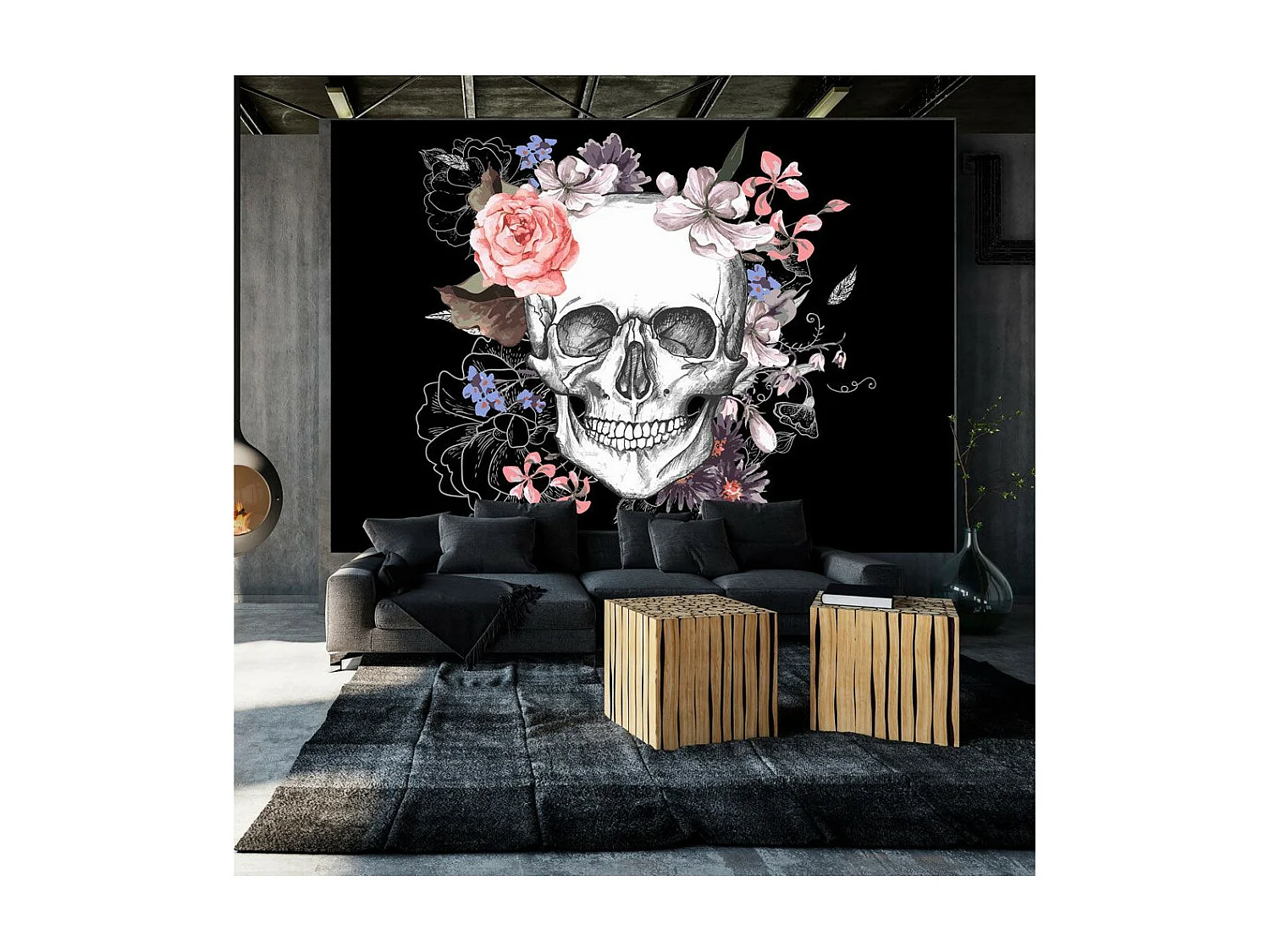Papier Peint "Skull & Flowers" 175 x 250 cm