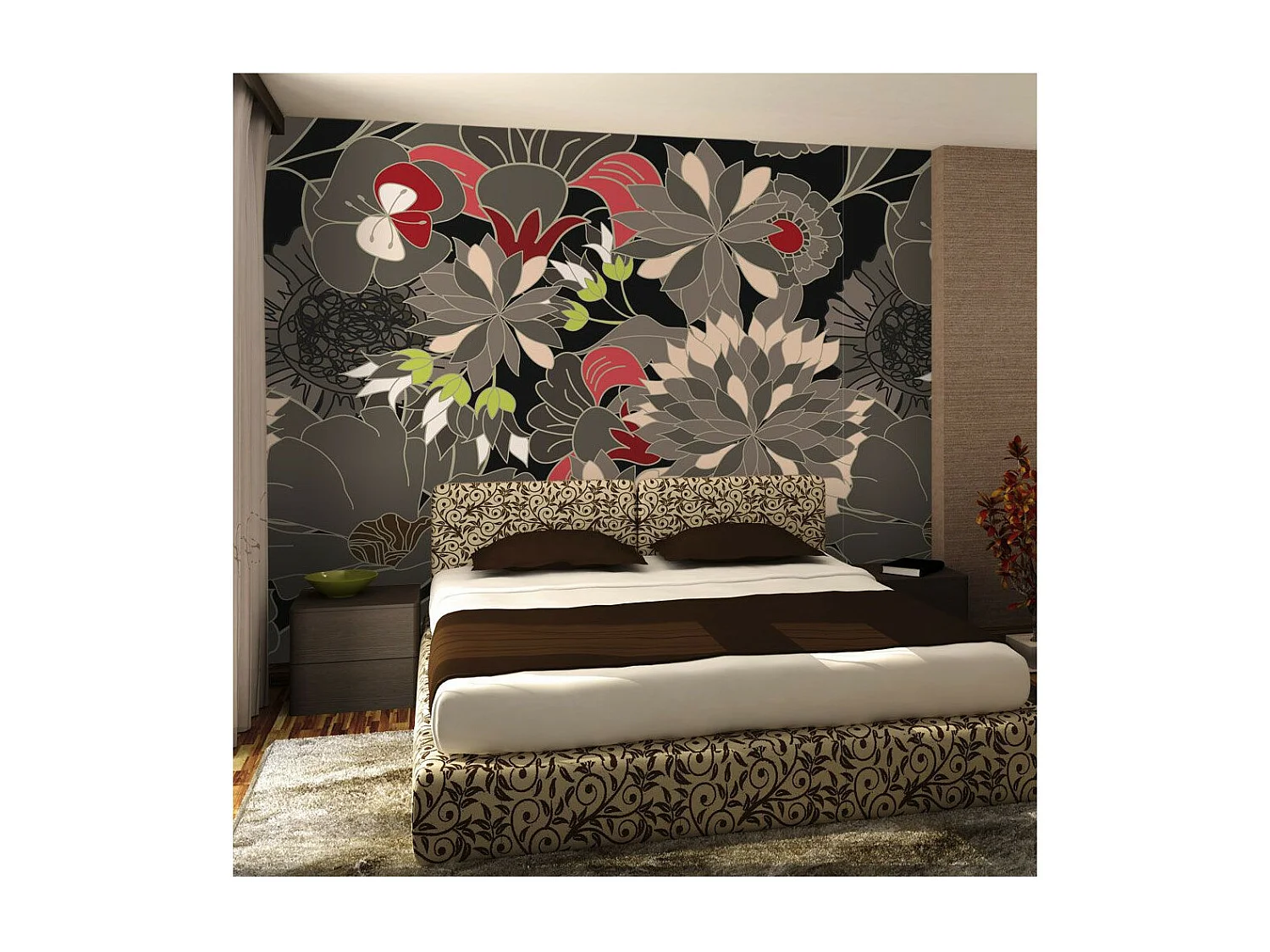 Papier Peint "Motif Floral Gris" 154 x 200 cm