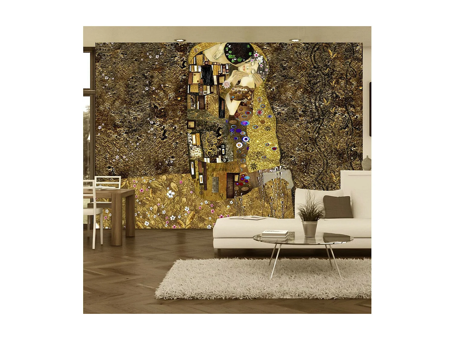 Papier Peint "Klimt Inspiration Golden Kiss" 140 x 200 cm