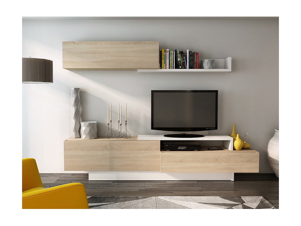 Mueble TV con espacios de almacenaje blanco y roble MONTY