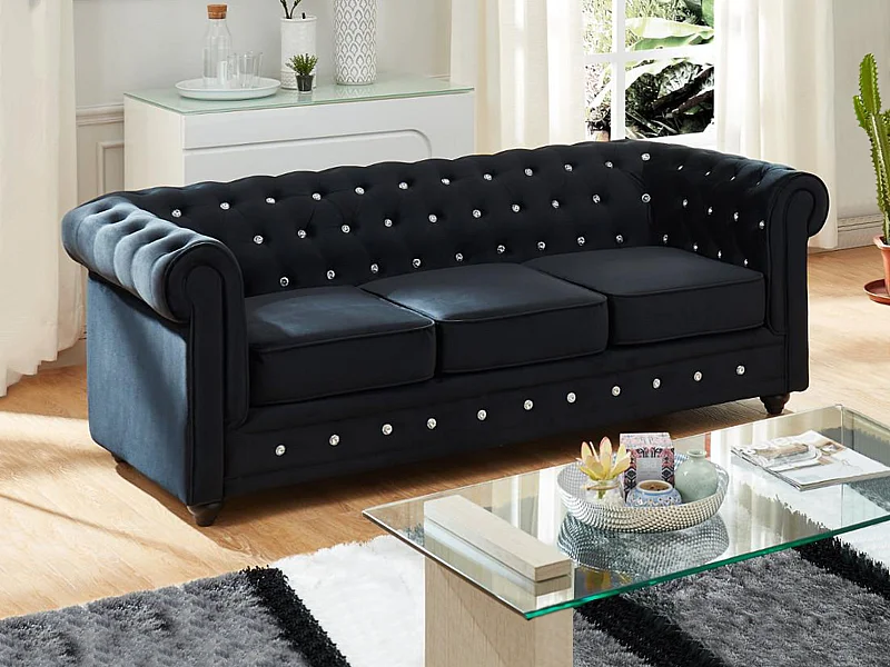 Canapé 3 places CHESTERFIELD - velours noir et boutons effet cristal