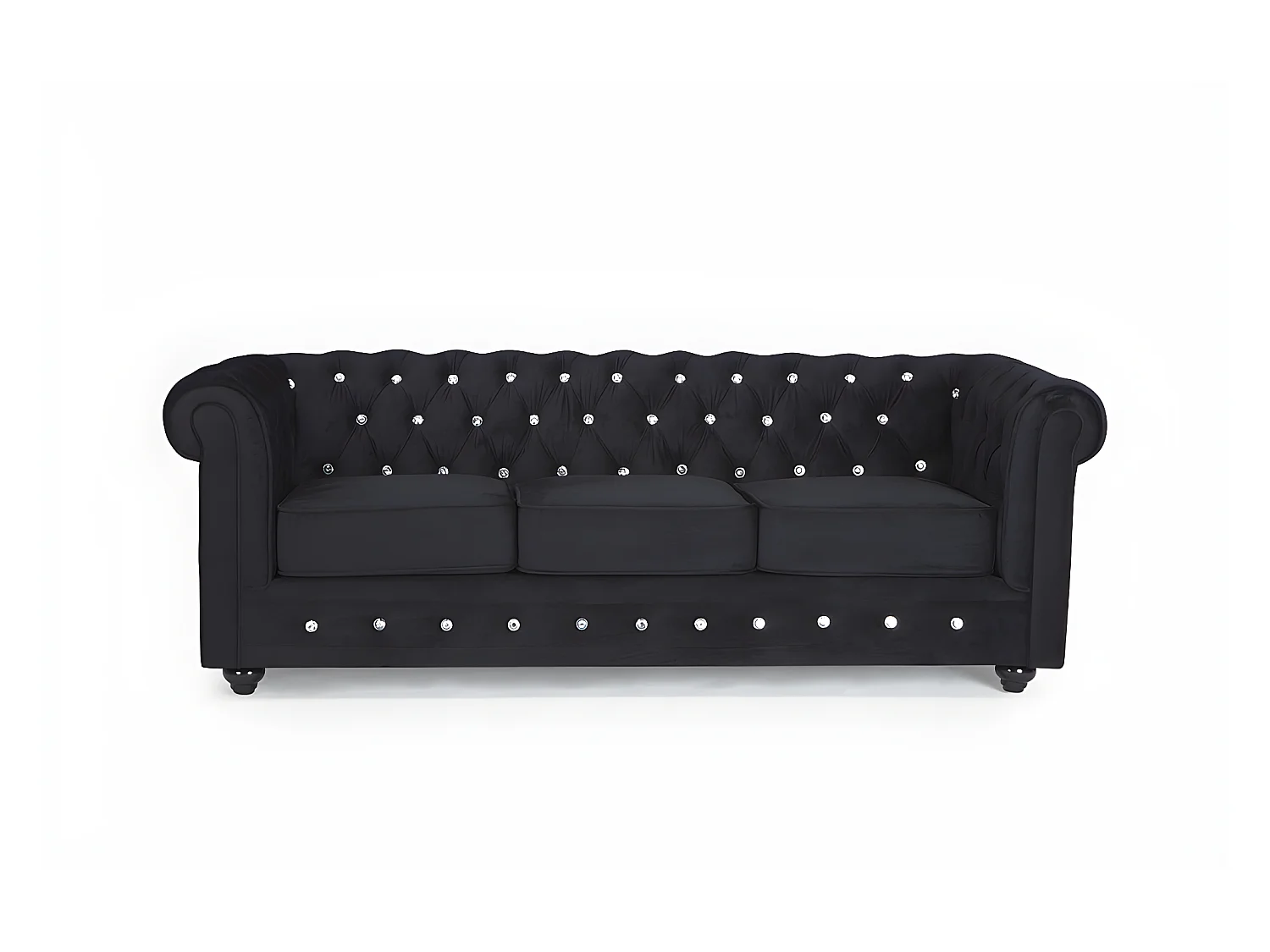Canapé 3 places CHESTERFIELD - velours noir et boutons effet cristal