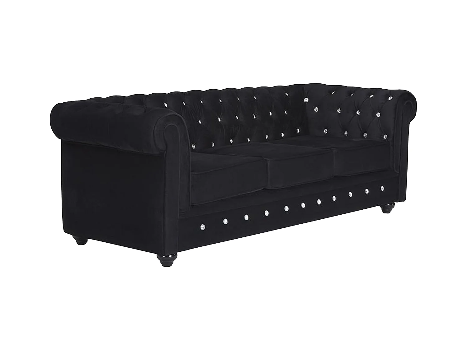 Canapé 3 places CHESTERFIELD - velours noir et boutons effet cristal