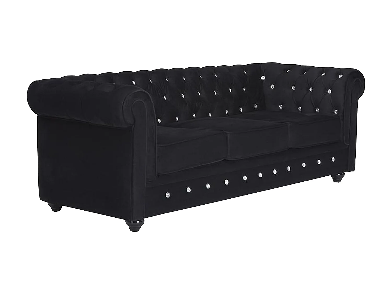 Canapé 3 places CHESTERFIELD - velours noir et boutons effet cristal