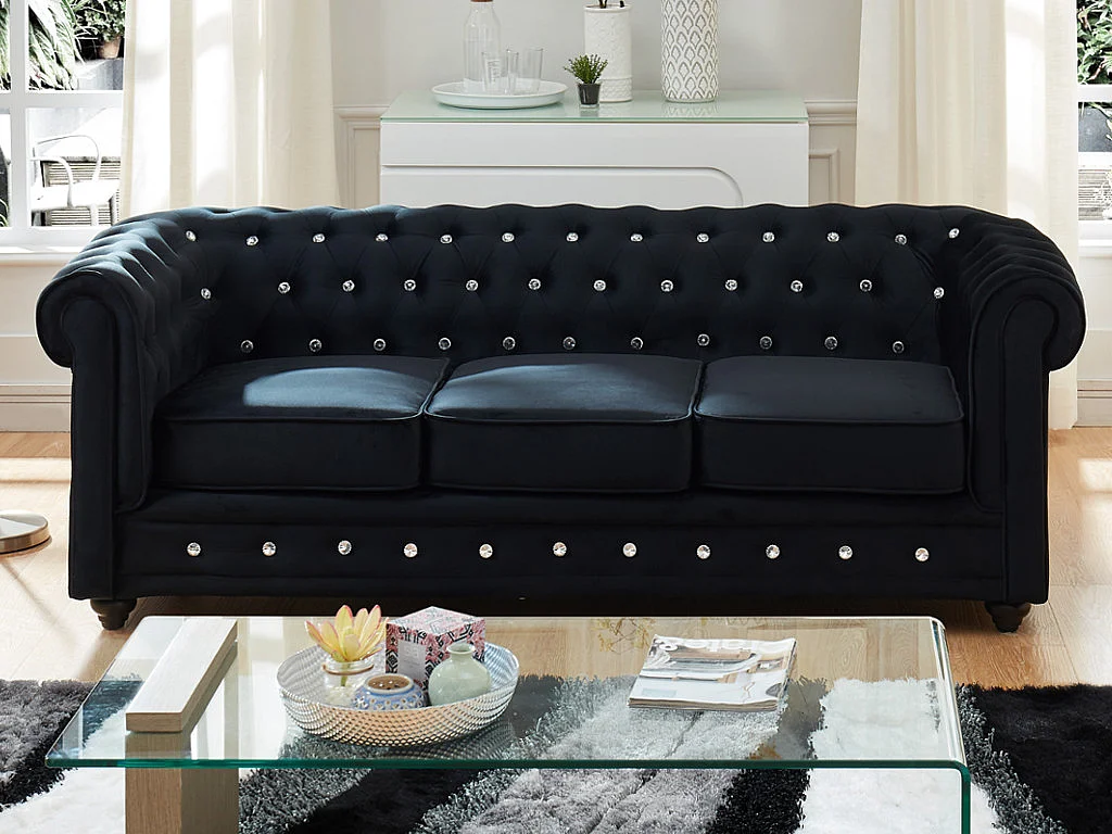 Canapé 3 places CHESTERFIELD - velours noir et boutons effet cristal