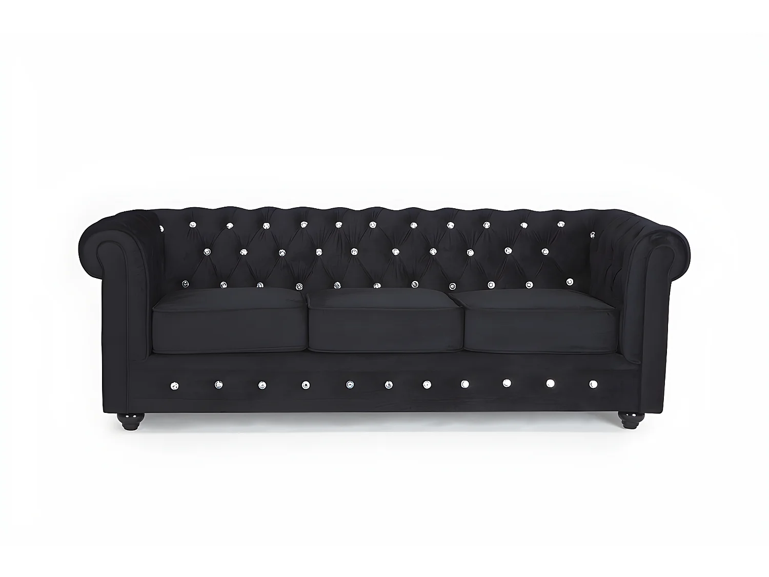 Canapé 3 places CHESTERFIELD - velours noir et boutons effet cristal