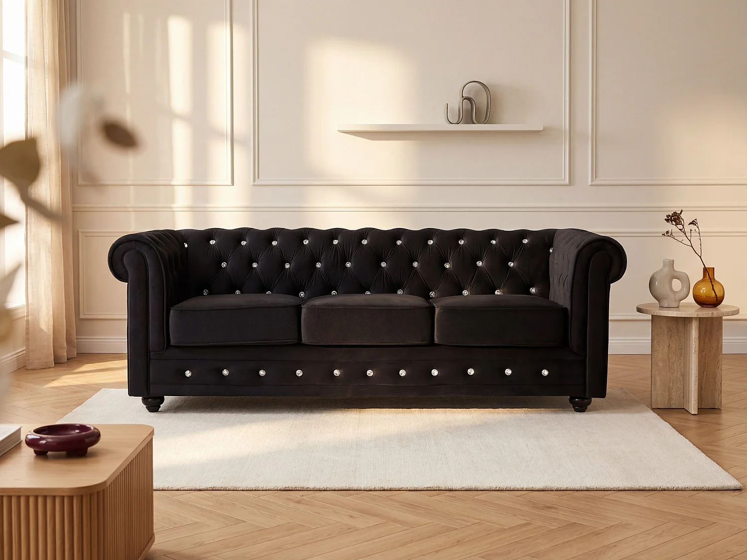 Canapé 3 places CHESTERFIELD - velours noir et boutons effet cristal