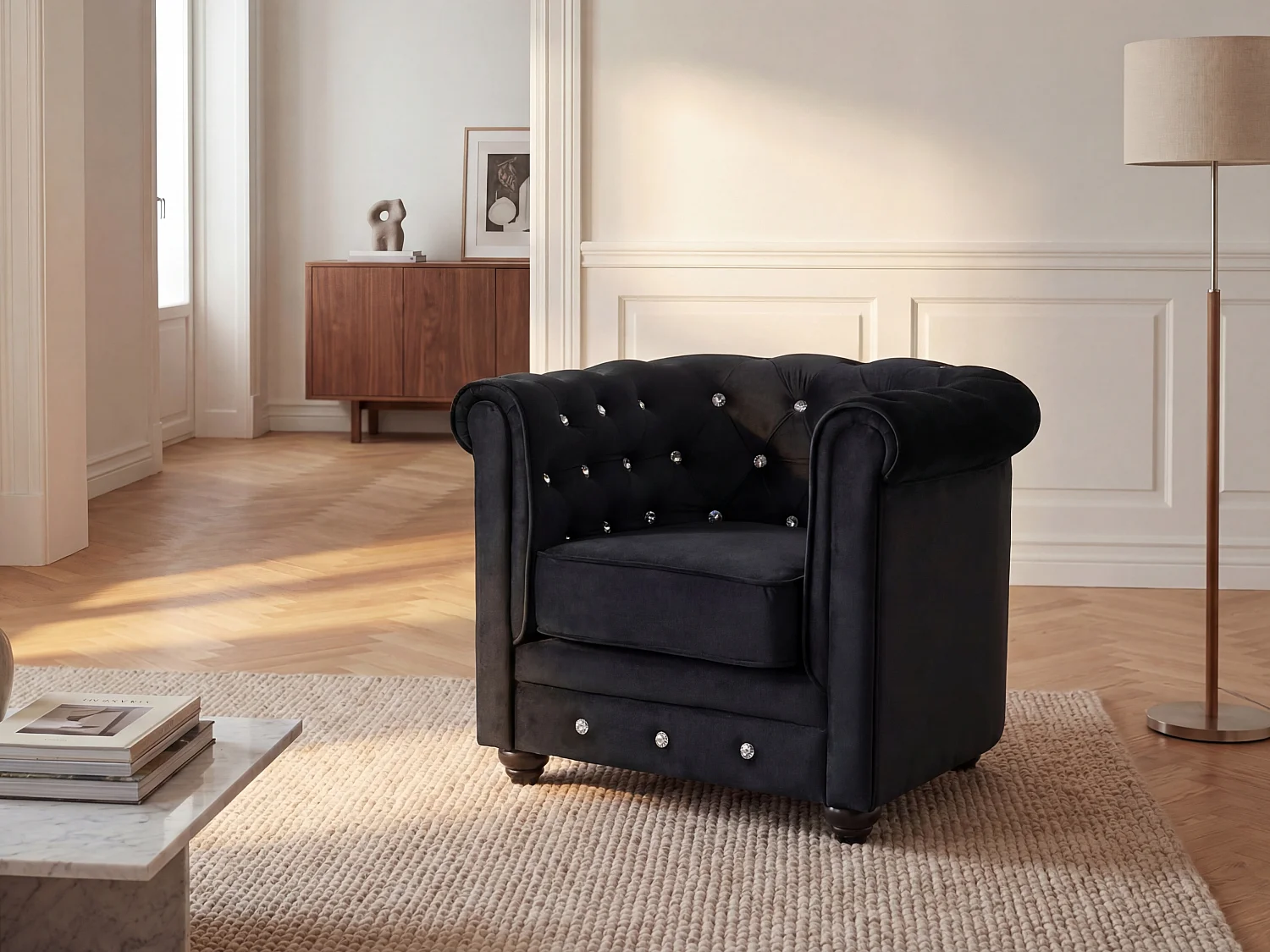 Fauteuil CHESTERFIELD - velours noir et boutons effet cristal