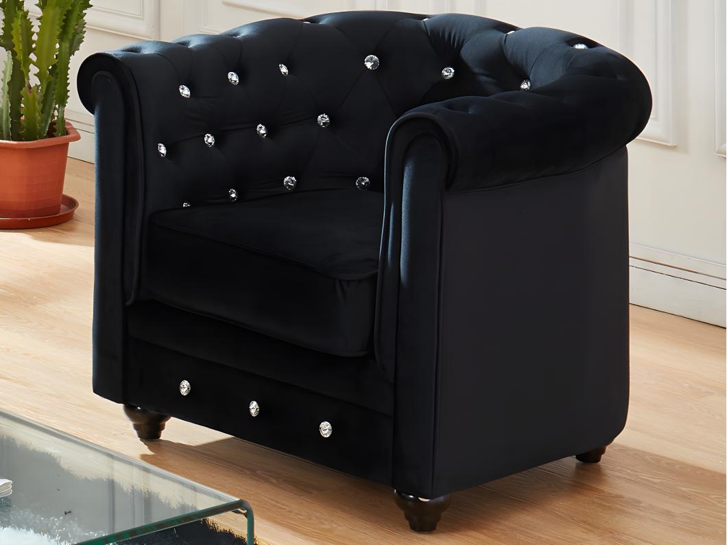 Fauteuil CHESTERFIELD - velours noir et boutons effet cristal