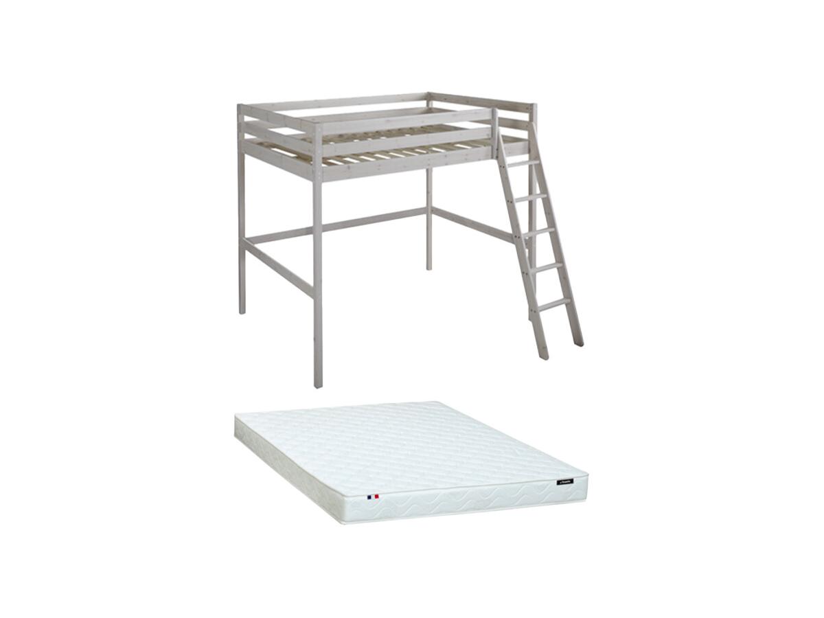 Hochbett + Matratze - 140 x 190 cm - Kiefer massiv - Geweißt - GEDEON II günstig online kaufen