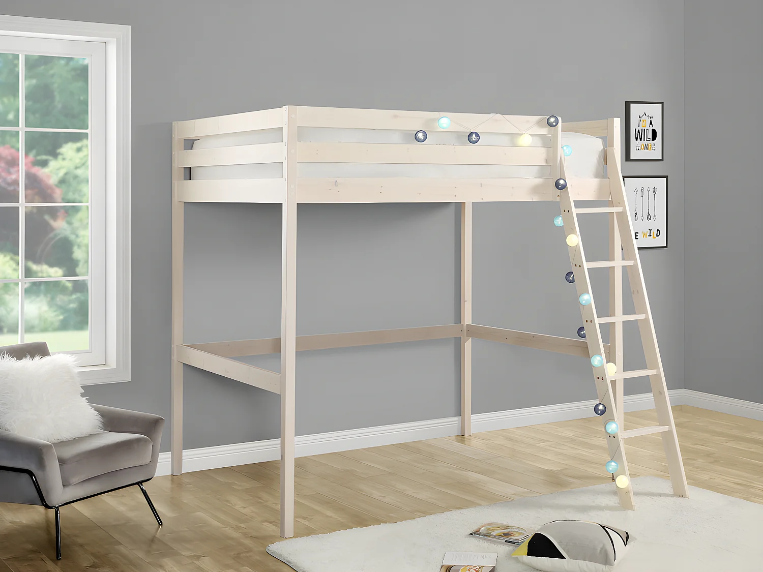 Lit mezzanine GEDEON II - 140 x 190 cm - Pin massif - Blanchi + matelas