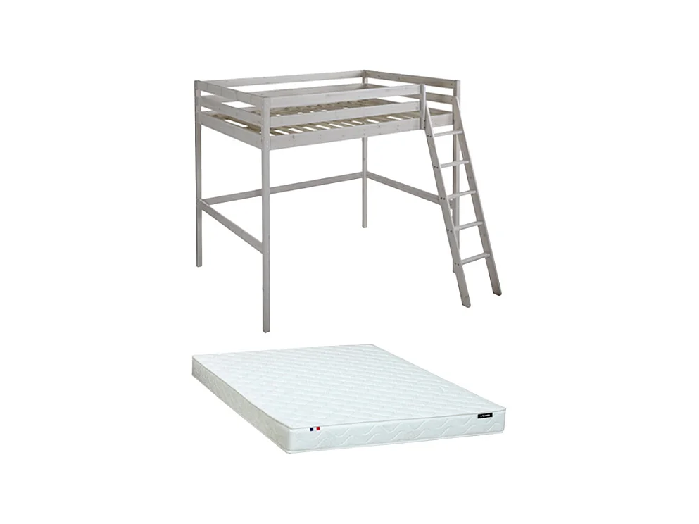 Lit mezzanine GEDEON II - 140 x 190 cm - Pin massif - Blanchi + matelas