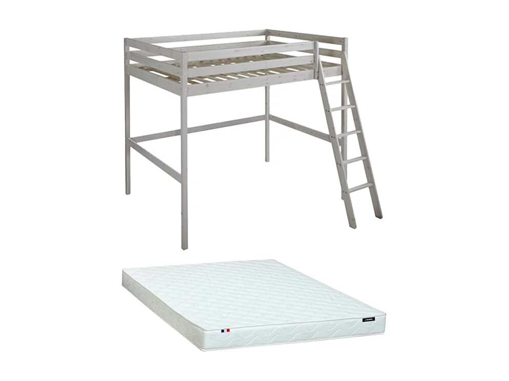 Cama mezzanine 140x190 cm em pinho maciço esbranquiçado + Colchão - GEDEON