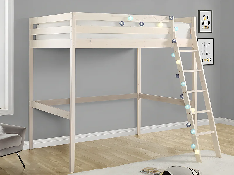 Lit mezzanine GEDEON II - 140 x 190 cm - Pin massif - Blanchi + matelas