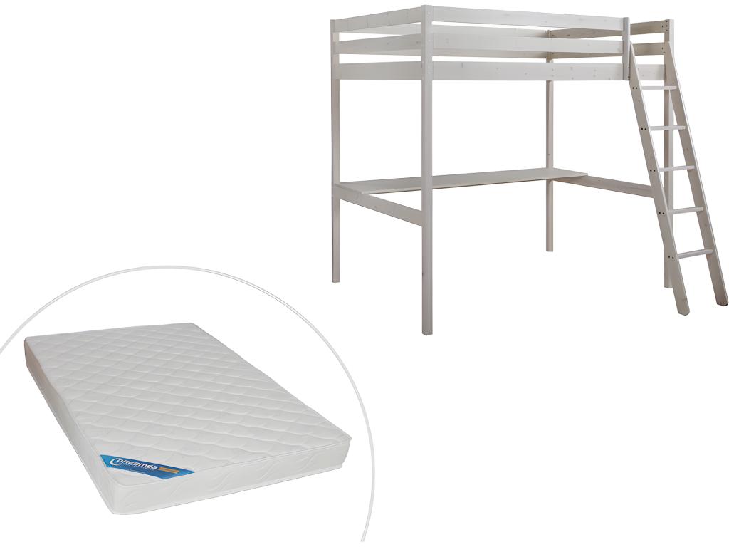 Hochbett mit Schreibtisch GEDEON II - 140 x 190 cm - Kiefer massiv - Geweißt + Matratze