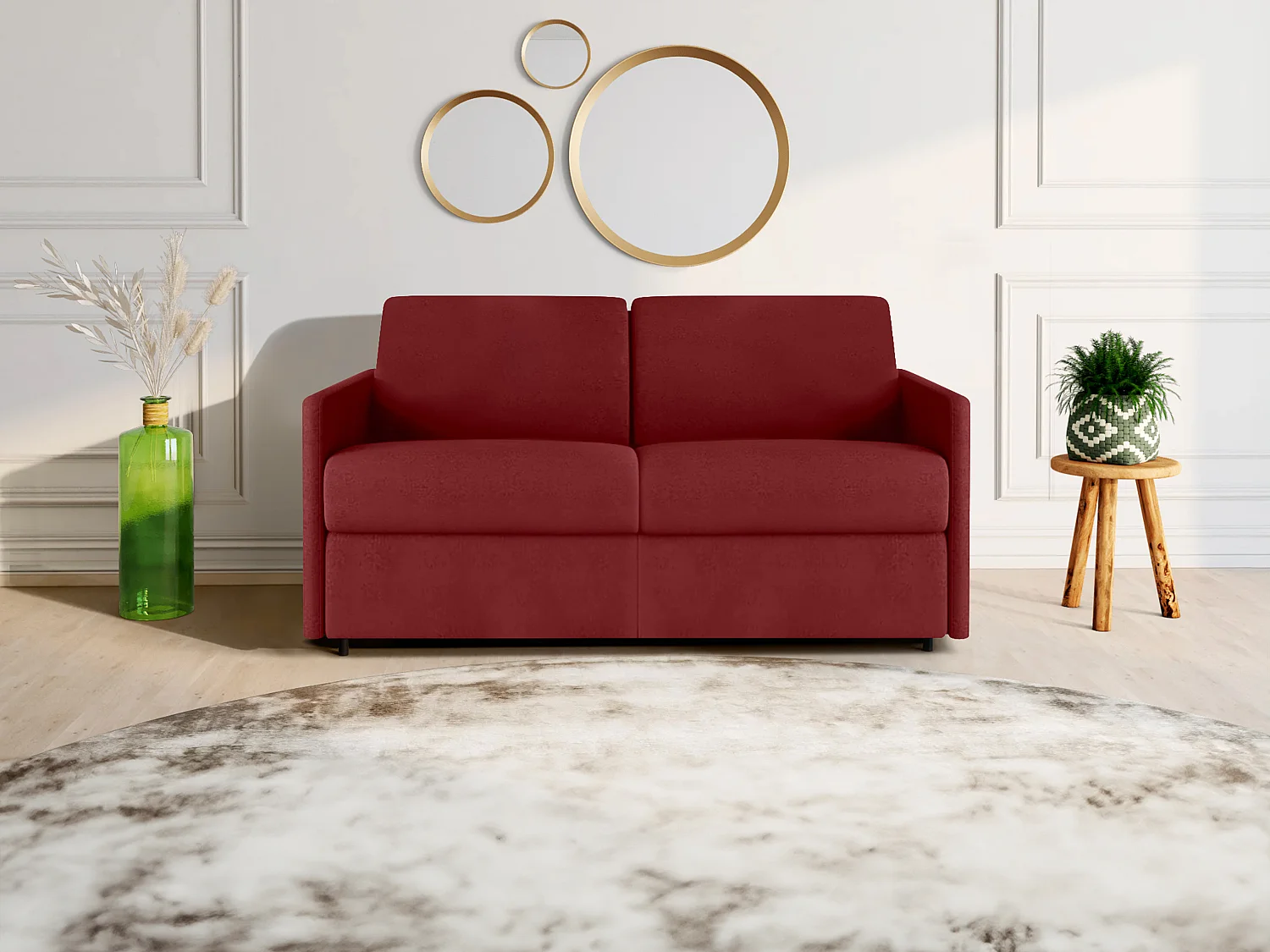 Canapé 2 places convertible express en tissu rouge - Couchage 120 cm - Matelas 18 cm CALIFE