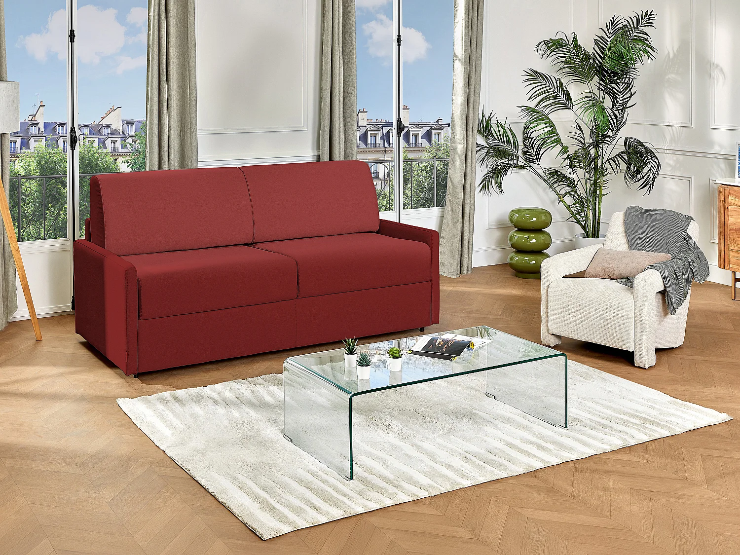 Canapé 4 places  convertible express en tissu rouge - Couchage 160 cm - Matelas 22 cm avec mémoire de forme CALIFE
